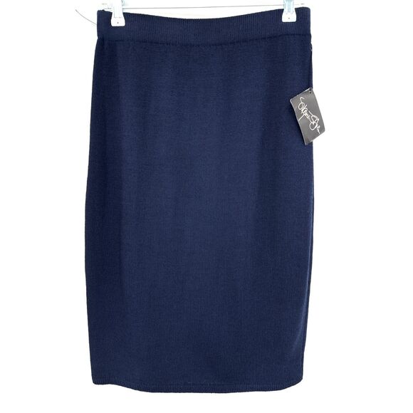NWT ST. JOHN Navy Blue Santana Knit Wool Midi Straight Pencil Skirt Size 10 - Picture 1 of 5